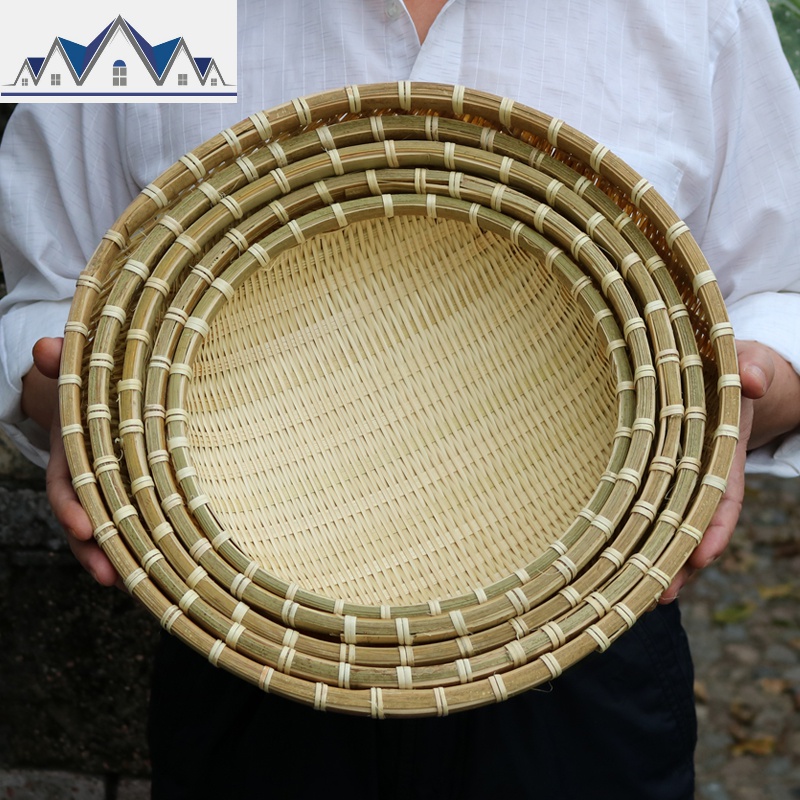 手工竹编簸箕竹筛子圆形筲箕竹编馍筐馒头筐家用有孔水果篮收纳筐 三维工匠收纳篮 5件套本色