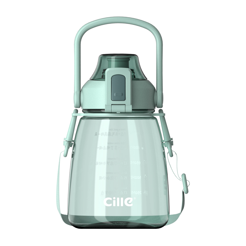 希乐Cille大肚水杯大容量户外运动女儿童学生tritan刻度吸管塑料杯子 灰色 绿色