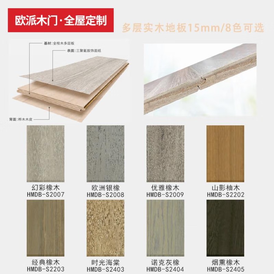 他家江山花木匠地板三层实木多层地板强化复合地板金刚面地暖环保 15mm多层实木地板/8色可选 1218 1高清大图