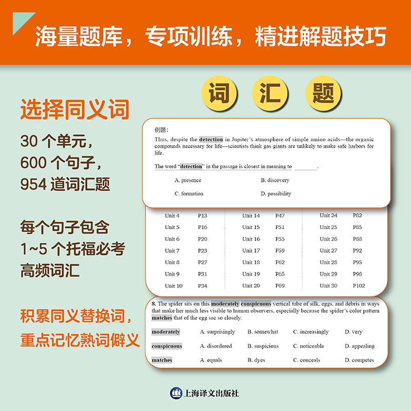 托福阅读词句专项训练 [正版]托福阅读词句专项训练 还原2021—2023年考题 954道词汇题 240道句子简化题 提高清大图