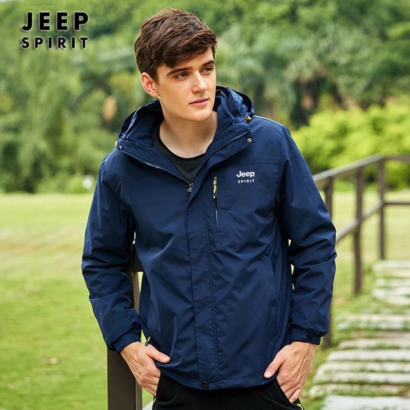 吉普jeep情侣款户外登山服男士三合一可拆卸摇粒绒内胆冲锋衣外套户外