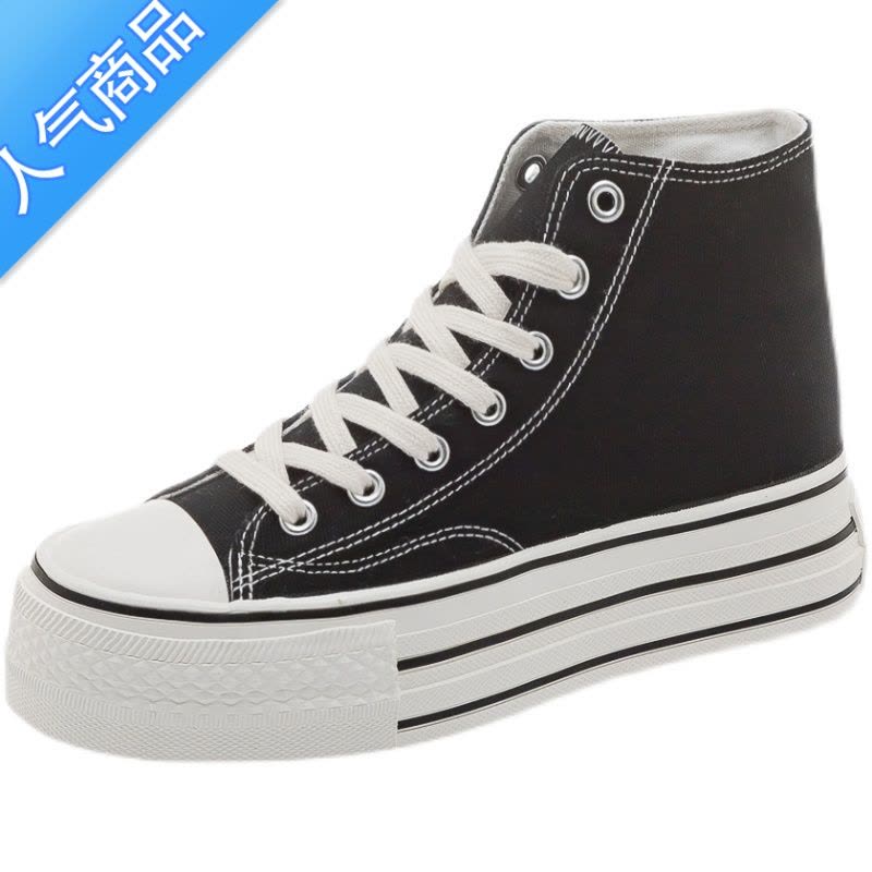 SUNTEK名牌夏季新款厚底高帮帆布鞋女韩版百搭经典红色休闲女鞋松糕鞋潮图片