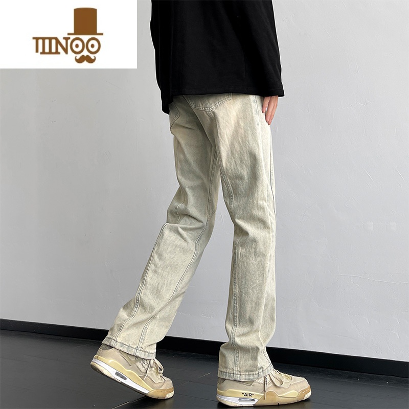 YANXU水洗直筒牛仔裤男痞帅日系复古做旧高街国潮怀旧美式宽松裤子高清大图