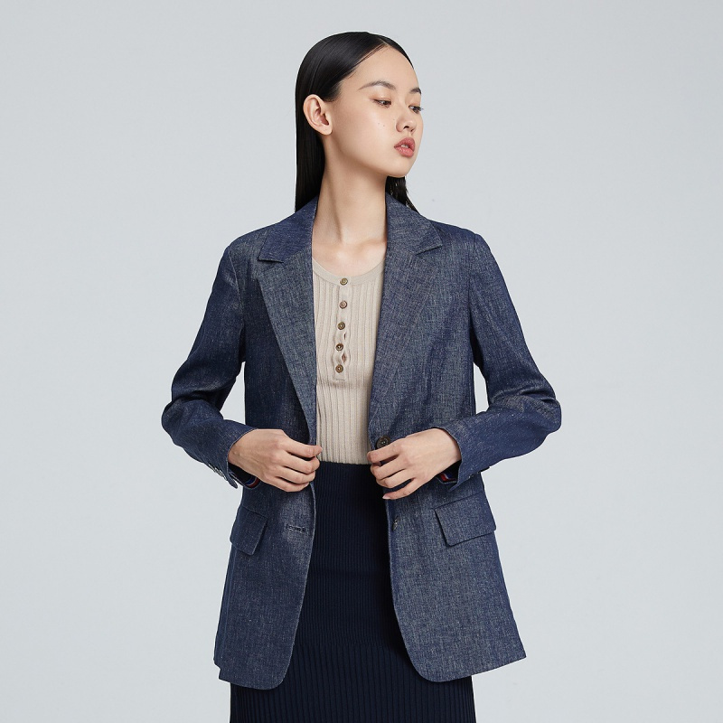 鄂尔多斯ERDOS春夏棉麻仿牛仔风格袖口装饰女式西服