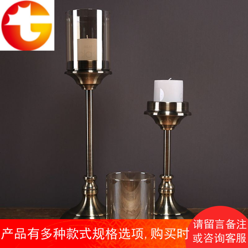 简约美式餐桌样板房软装饰品摆件新年烛光晚餐道具水晶金属蜡烛台