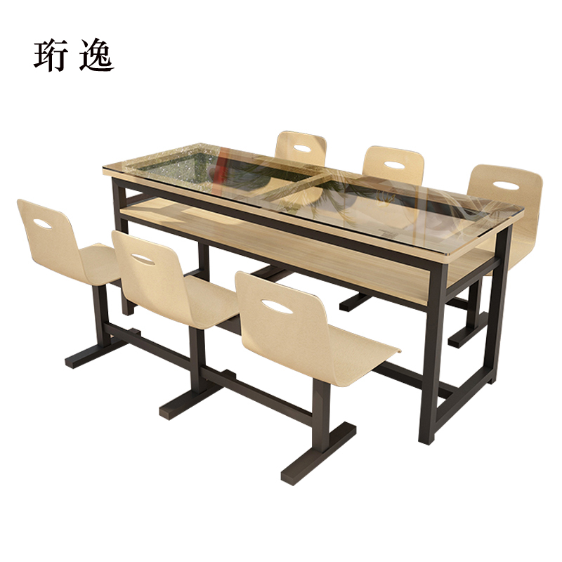 珩逸餐桌6人学校食堂小吃店快餐桌椅饭堂钢化玻璃桌1800*600*750