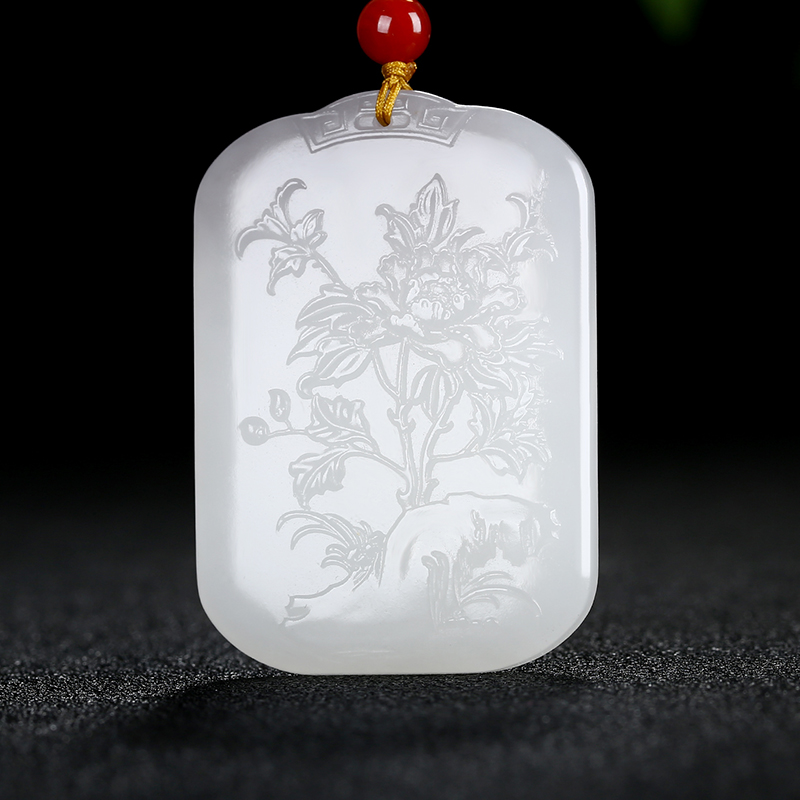[花开富贵]新疆和田玉牡丹花玉牌吊坠挂件烟灰青花白玉天然玉石