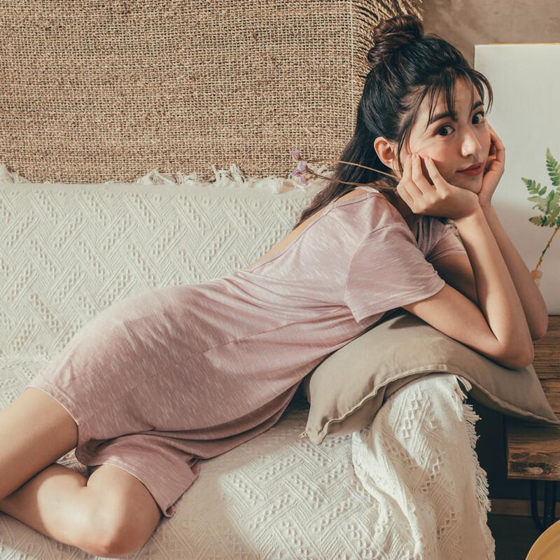 短袖睡裙女夏莫代尔性感交叉漏背连体睡衣圆领韩版家居服可外穿棉