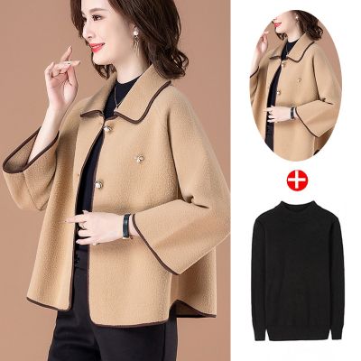 恒源祥中年妈妈春秋装羊毛呢外套2024新款中老年女洋气双面呢上衣 米黄色+黑色打底衫 XL推荐105-120斤