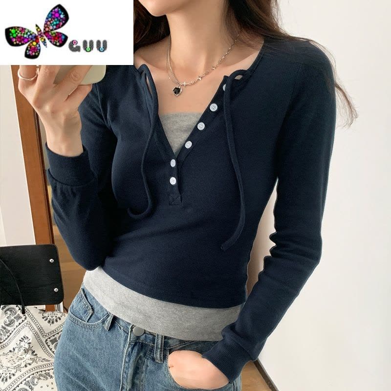 语娄独特假两件t恤女拼色V领挂脖短上衣秋季修身美式辣妹chic打底长袖图片