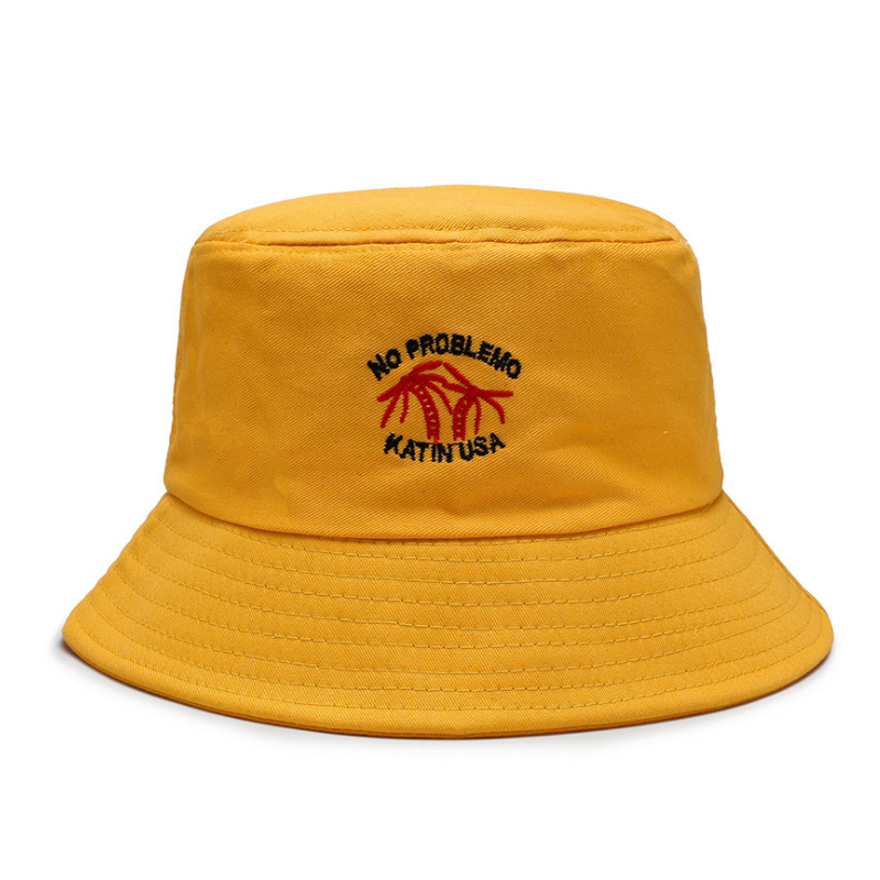 MUXIWEIER网红渔夫帽女学生韩版时尚潮流帽子男女情侣盆帽ins遮阳帽日系街头文艺小清新刺绣 椰树黄色