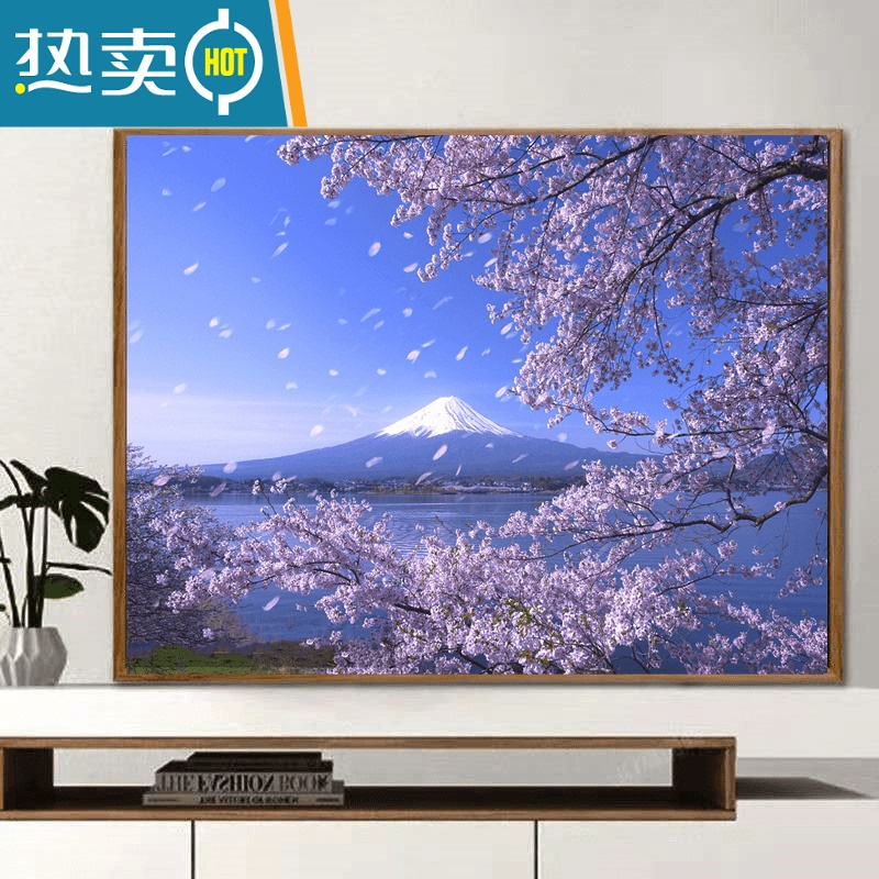 敬平数字油画diy手工绘画填色现代简约风景挂画装饰画富士山樱花装饰画 604富士山 彩色画板+颜料画笔+配件40*50钉好加厚内框