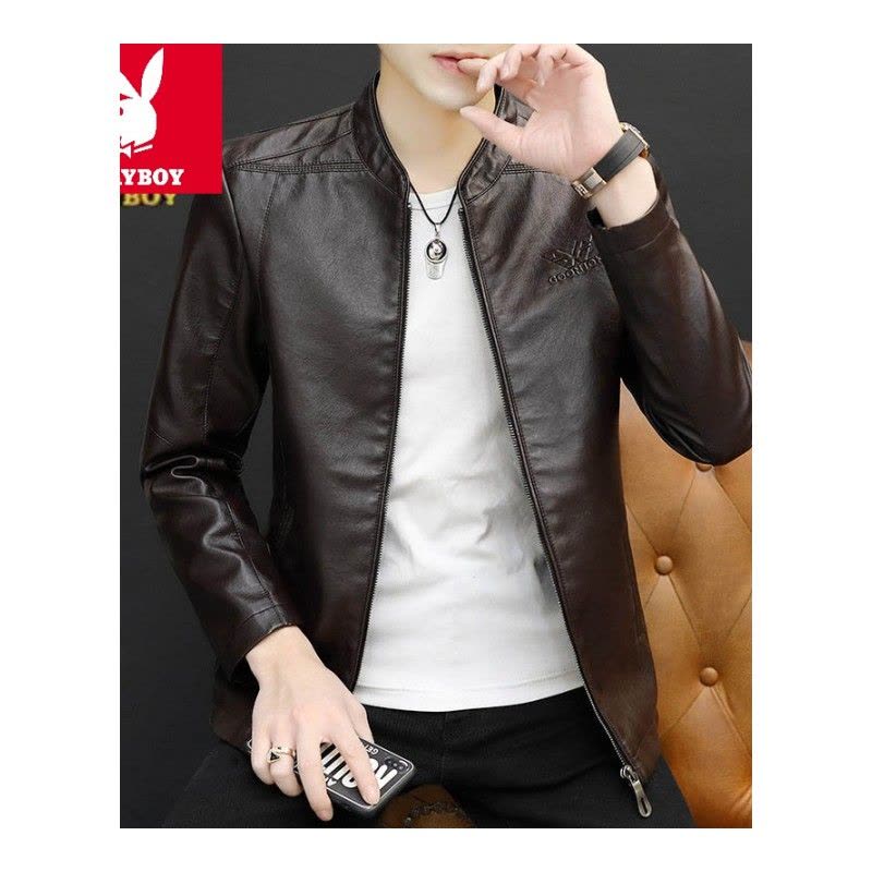 花花公子男装2024春秋款皮夹克男士修身薄款韩版立领PU皮衣外套机车服男图片