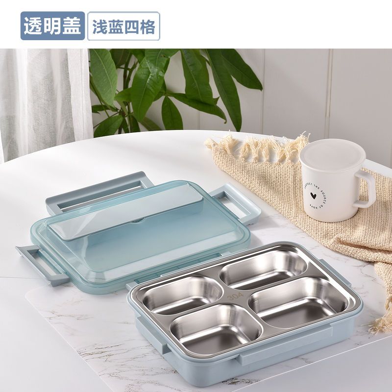 304不锈钢分格餐盒学生快餐盒保温饭盒双层隔热防烫餐盒 黑色 正方形四格颜色联系客服
