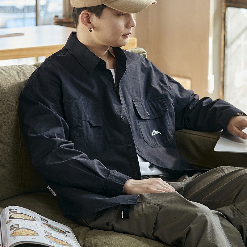 唐狮春季新款日系工装衬衫男长袖休闲复古重磅质感衬衣外套潮