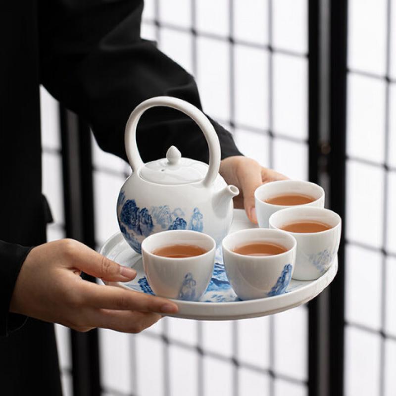 苏氏陶瓷 J0975 中国白-仿古青花套装(茶杯*4茶壶*1茶盘*1茶巾*1) 7件套 (单位:套)高清大图