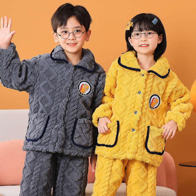 儿童睡衣法兰绒秋冬季男童加绒家居服男孩女童宝宝加厚珊瑚绒套装威珺