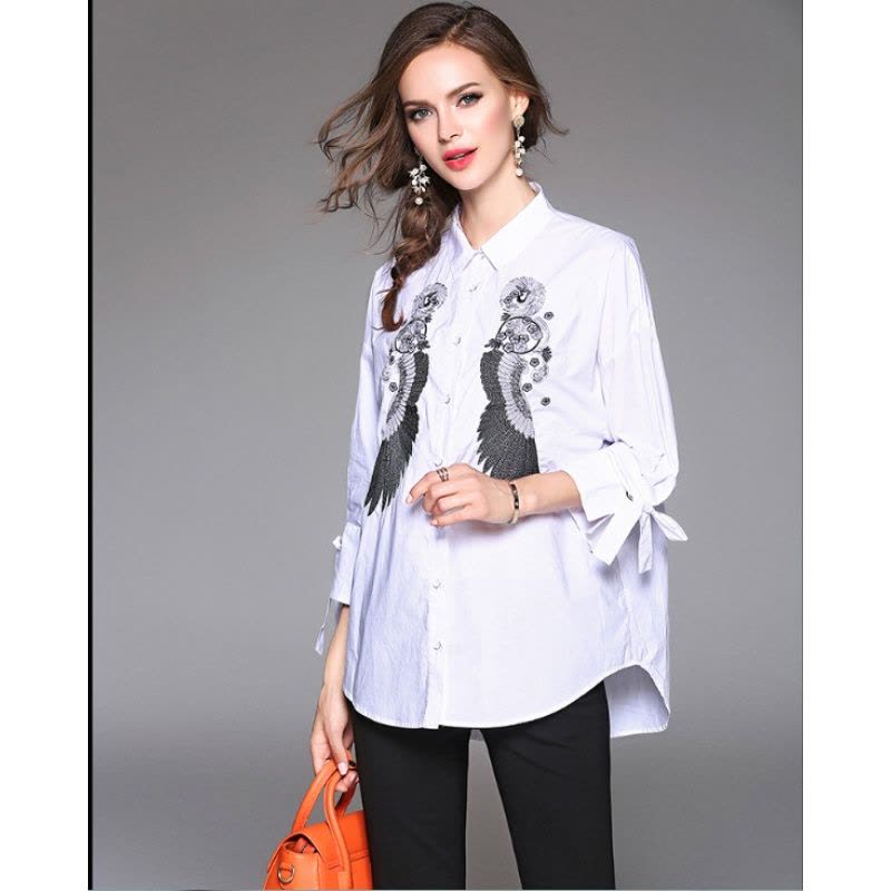 2017秋装新款 韩版女宽松职业打底衬衣刺绣休闲棉麻长袖衬衫女图片