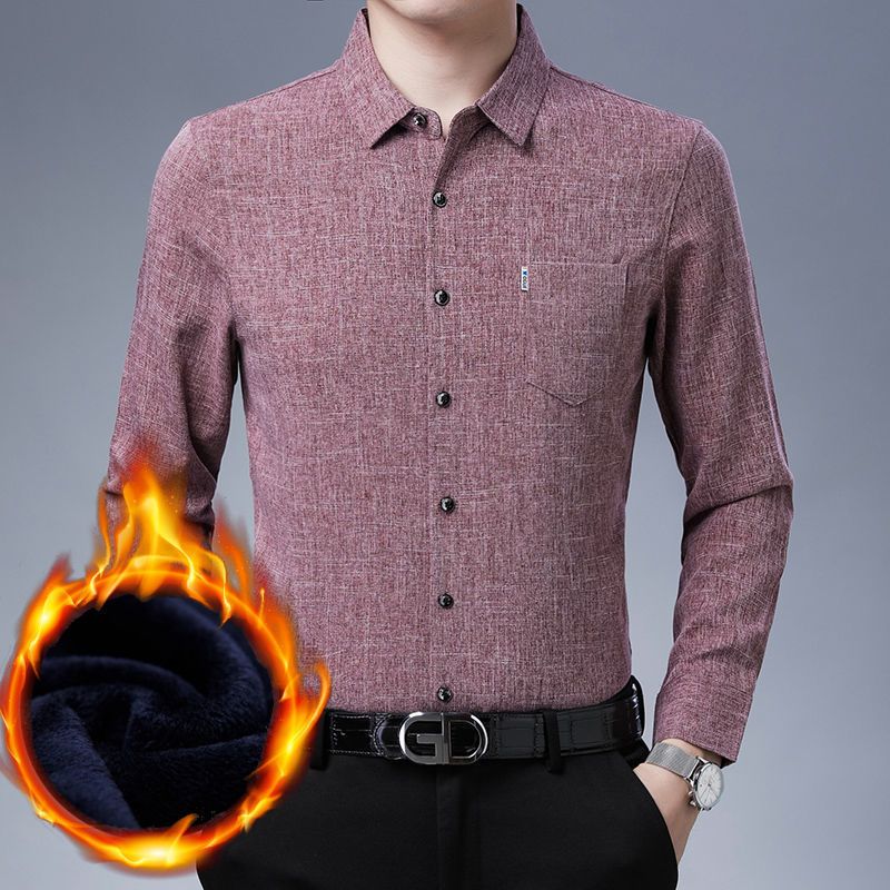 棉麻秋冬加绒加厚男士衬衫爸爸装翻领上衣中年男纯色大码口袋衬