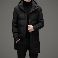 冬季新款锦纶弹力加厚连帽长款羽绒服中年男士90鸭绒防寒羽绒外套 180/XL 黑色