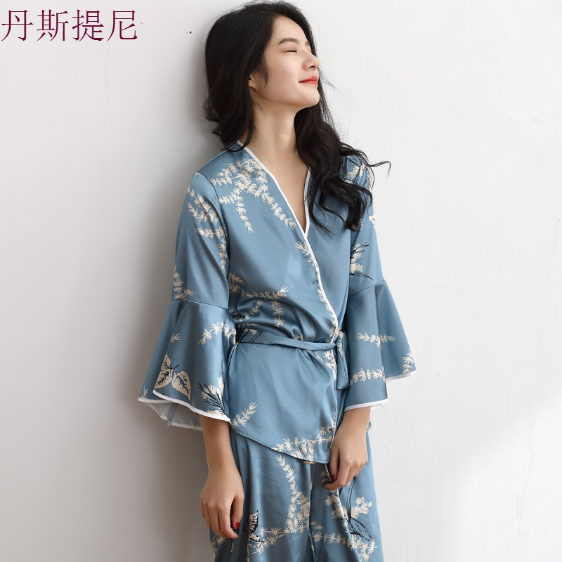日式和服睡衣女士长袖套装冰丝秋季女性感丝绸家居服春秋款