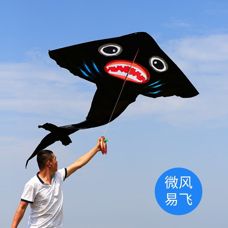 三维工匠风筝特大型成人2018新款儿童微风易飞卡通三角鲨鱼潍坊风筝线轮创意 三角鲨(中款)+6代-22蓝水晶3股600米高清大图