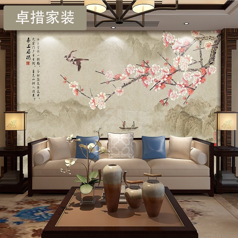 新中式手绘工笔山水复古花鸟墙纸壁画客厅沙电视背景墙装饰画壹德壹