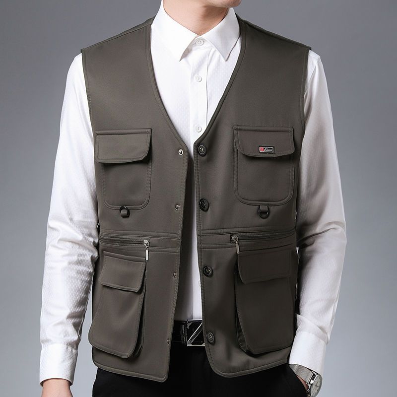 春秋中老年马甲男v领多口袋坎肩背心爸爸装户外钓鱼摄影夏马夹 [款二]