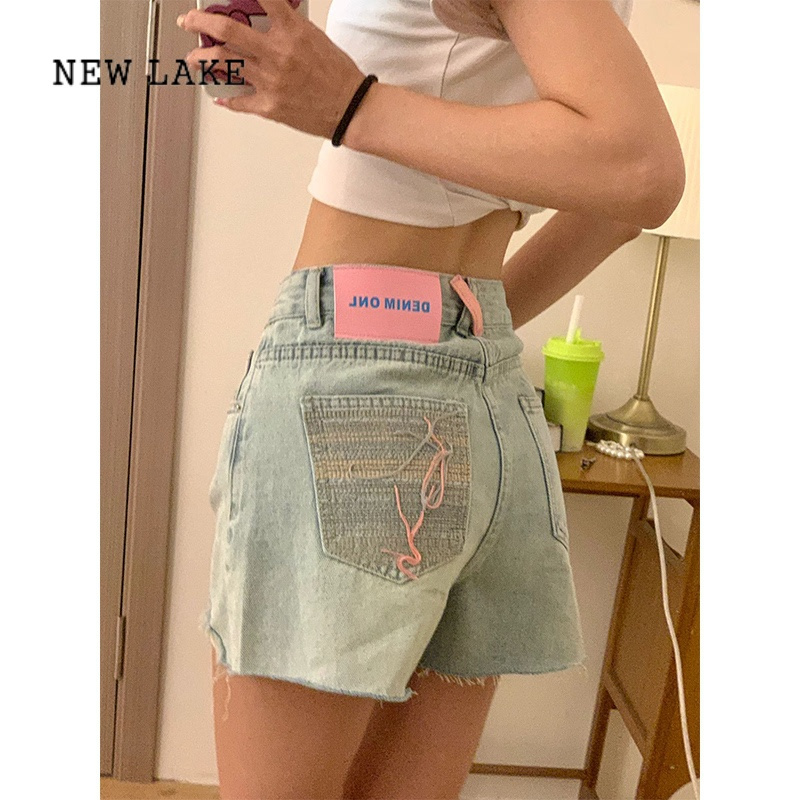 NEW LAKE甜辣破洞牛仔短裤女高腰夏季口袋刺绣大码设计感a字小众阔腿热裤