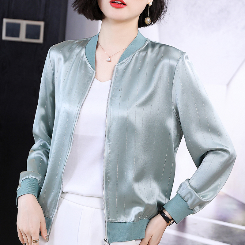 小样传奇缎面条纹棒球服2024春装新款女休闲夹克衫垂感开衫纯色短外套
