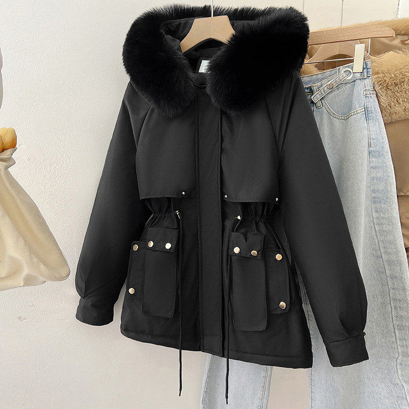 加棉加厚派克服棉服女冬季2024年新款韩版棉衣大毛领短款连帽棉袄 黑色 XL