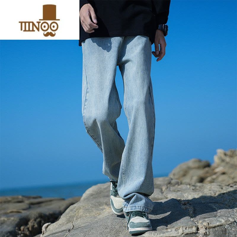 YANXU水洗复古蓝牛仔裤男士宽松直筒男生高街潮流潮牌休闲长裤子图片