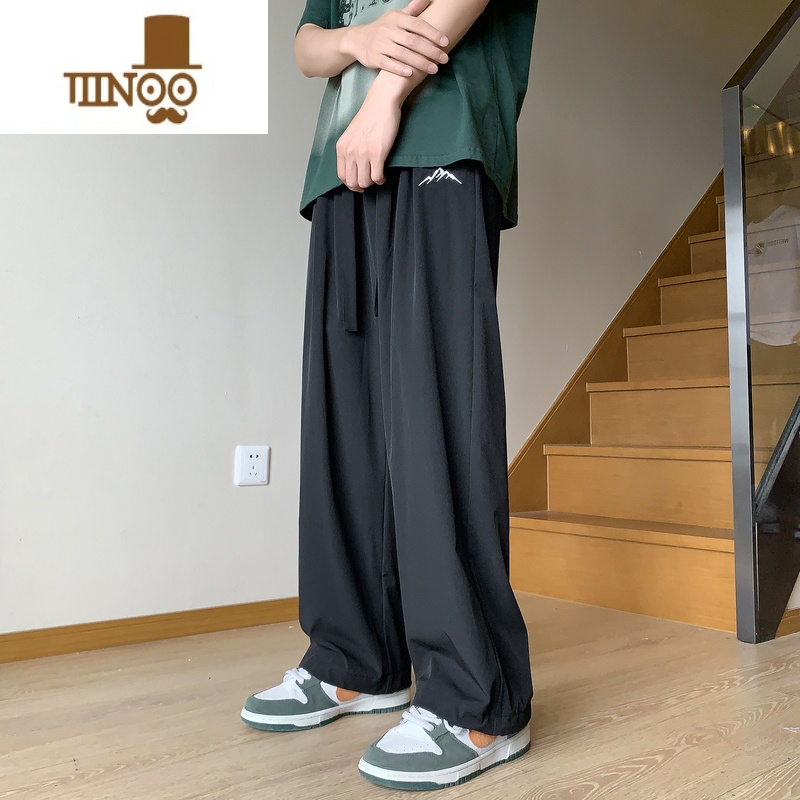 YANXU冰丝裤子男夏季薄款潮牌刺绣宽松大码阔腿直筒抽绳束脚休Y码阔丝高清大图