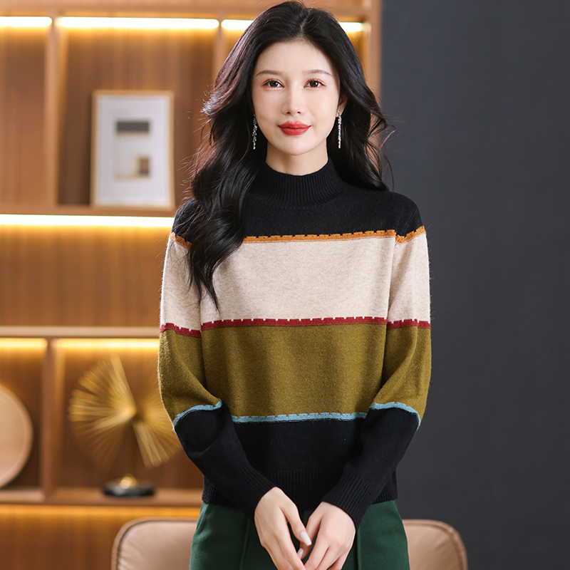 免费试穿 半高领羊绒衫女宽松拼接印花潮流加厚毛衣羊毛衫针织打底衣针织上衣服打底衫春秋内搭大码显瘦洋气打底衫女高清大图