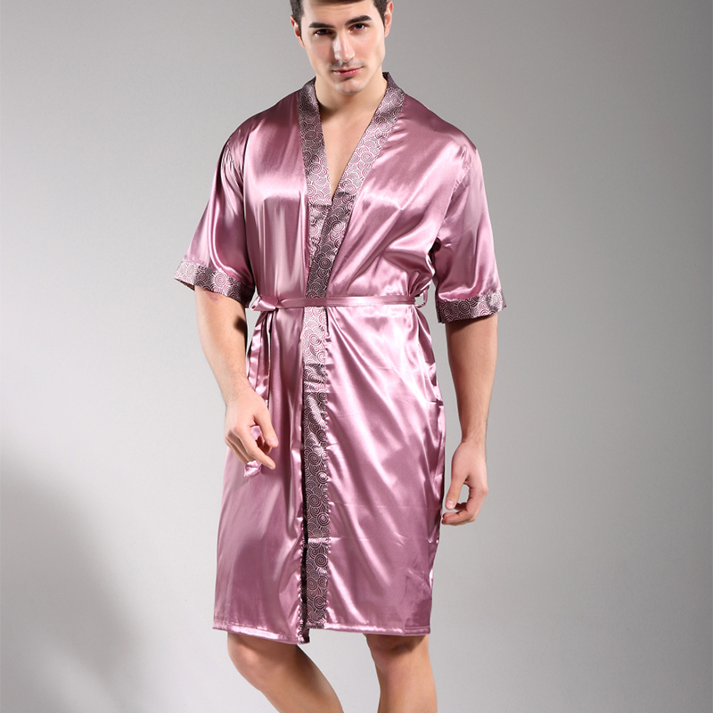 男士夏季睡袍短袖仿真丝睡衣男浴袍仿蚕丝短袖性感家居服