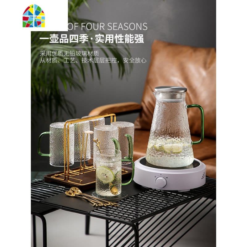 北欧轻奢水杯套装杯具家用喝水玻璃杯子客厅茶具茶杯冷水壶带托盘 FENGHOU 祖母绿水具-水杯勺x4凉水壶图片