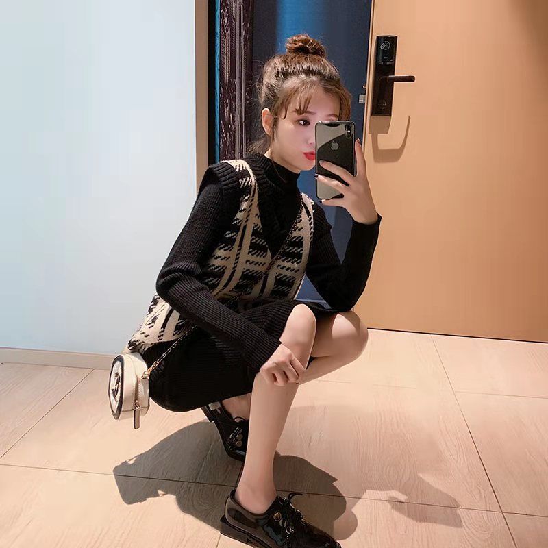 单件/套装女秋冬新款洋气网红针织毛衣裙子马甲时尚两件套