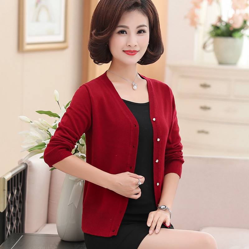 中老年女装春秋针织衫开衫毛衣女薄款纯色4050岁妈妈装v领羊毛衫