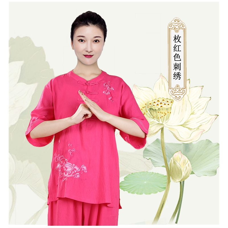太极服女飘逸棉麻亚麻女装太极拳练功服夏季服装薄款短袖