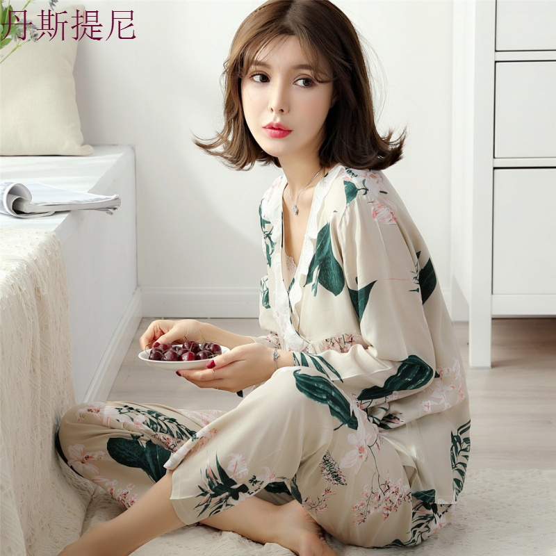 春秋季梭织纯棉绸睡衣女士夏季长袖绵绸薄款人造棉短袖套装家居服