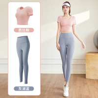 美背瑜伽服套装显瘦运动上衣女裸感带胸垫速干瑜伽套装女 XL 芭比粉上衣+灰湖蓝长裤