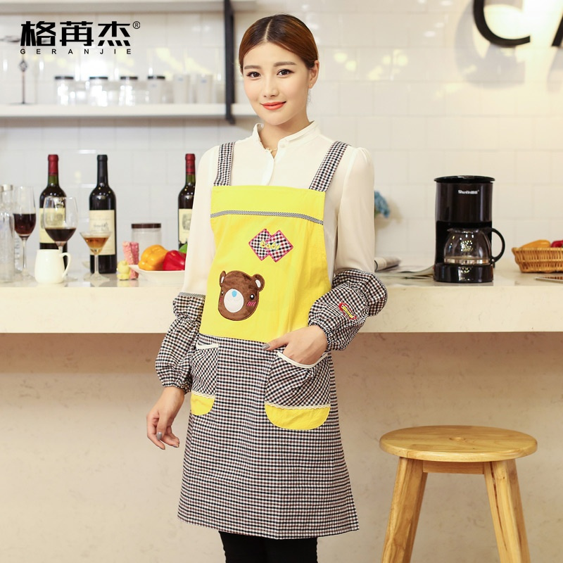 小熊带袖围裙黄女夏季围裙时尚厨房防污大人家用男长款工作服带袖套