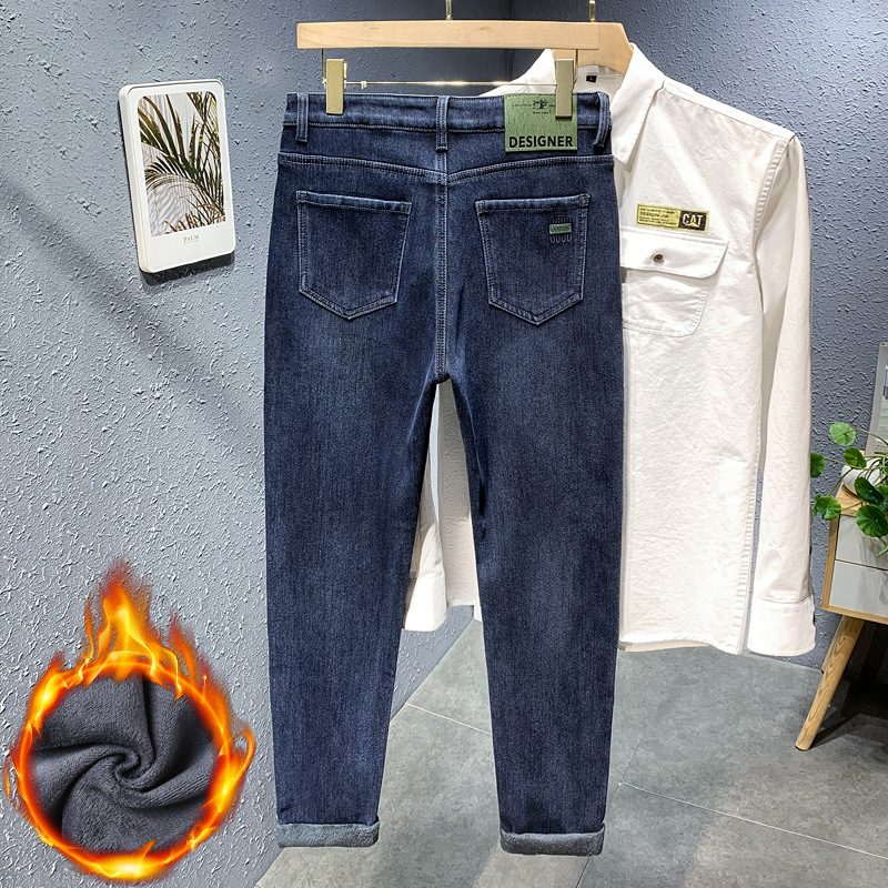 北方加绒牛仔裤男士潮牌刺绣百搭直筒裤男冬季品质舒适裤男式