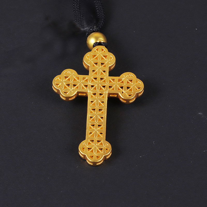 黄金码头足金古法十字镂空吊坠黄金999手工复古项链坠节日礼物