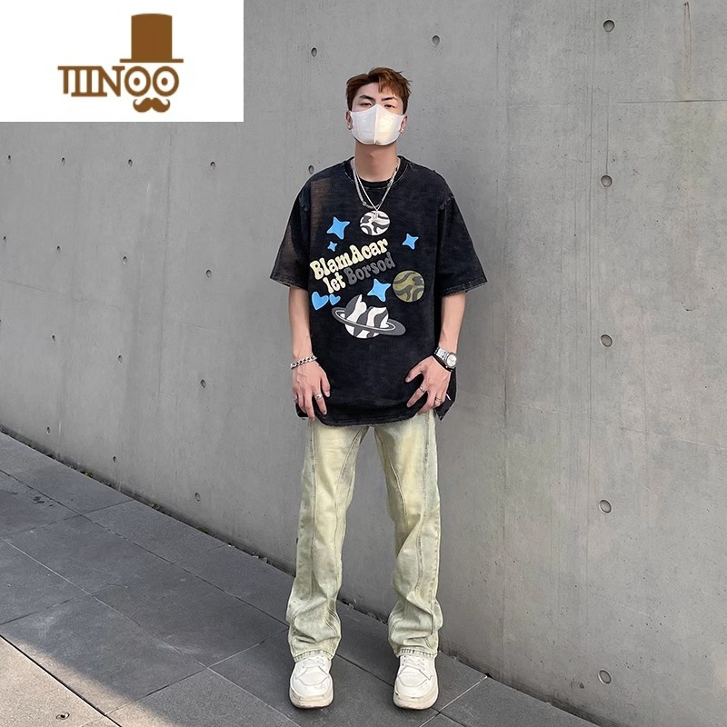 YANXU美式高街vibe水洗做旧黄泥染牛仔裤男潮ins直筒微喇显瘦堆积裤子高清大图