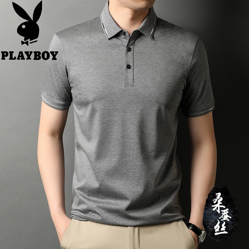 花花公子含桑蚕丝男士短袖t恤商务休闲中年男装体恤衣服薄款夏天新款