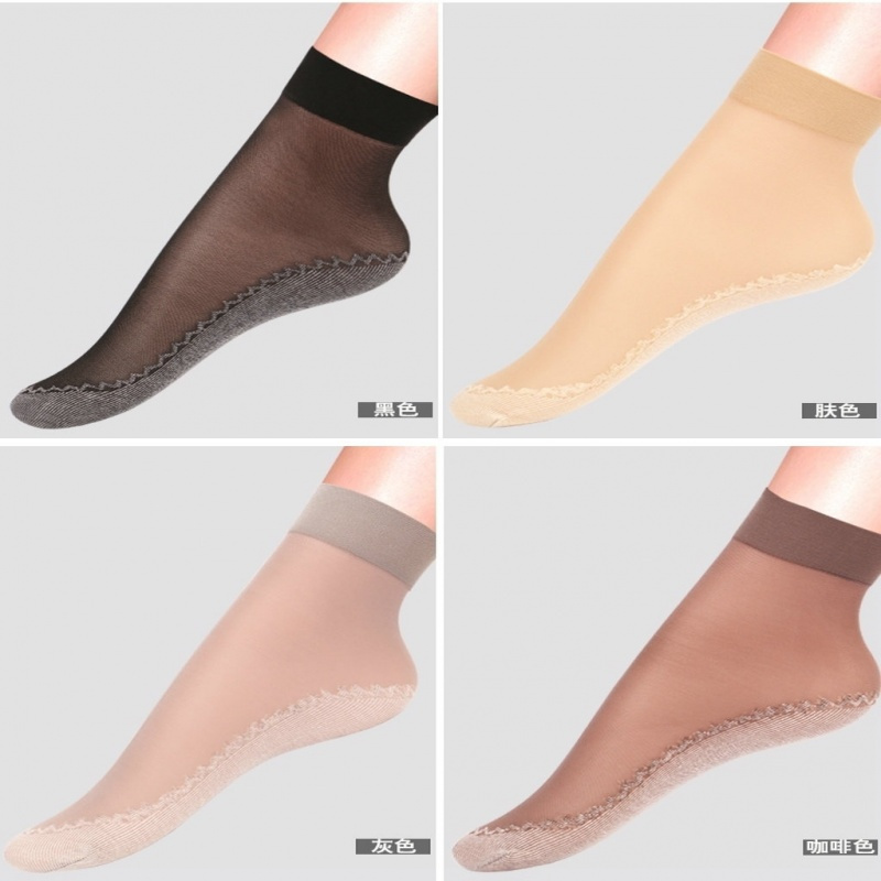 【浪莎正品】 【10双装】 脚底精梳棉短袜 女士超薄款水晶面的短丝袜 防滑防勾丝 对对袜堆堆袜 春夏季黑色肉色性感短袜子