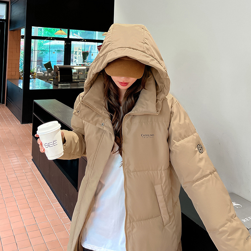 连帽羽绒棉衣女2023秋冬新款韩版大码宽松中长款百搭棉服棉袄外套 卡其 S