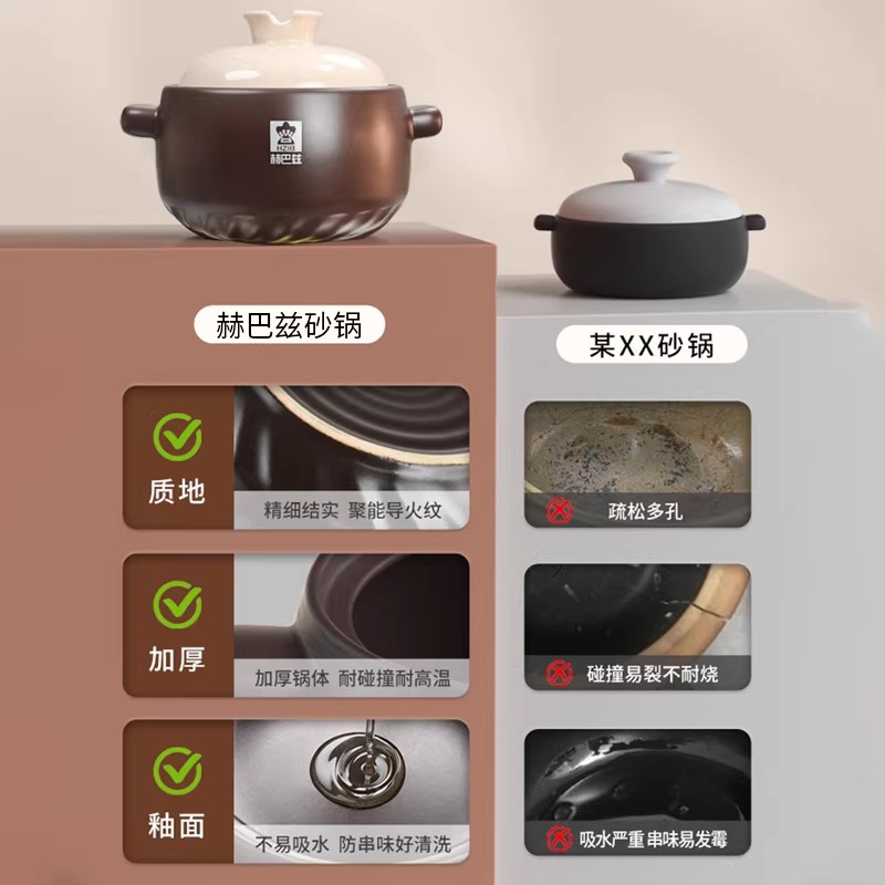 赫巴兹家用陶瓷煲仔饭炖汤锅砂锅燃气炖锅耐高温干烧不裂煲汤锅高清大图
