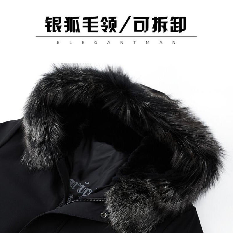 花花公子品牌高端银狐绒毛领可拆内胆獭兔毛内胆中长款男士派克服秋冬外套高清大图